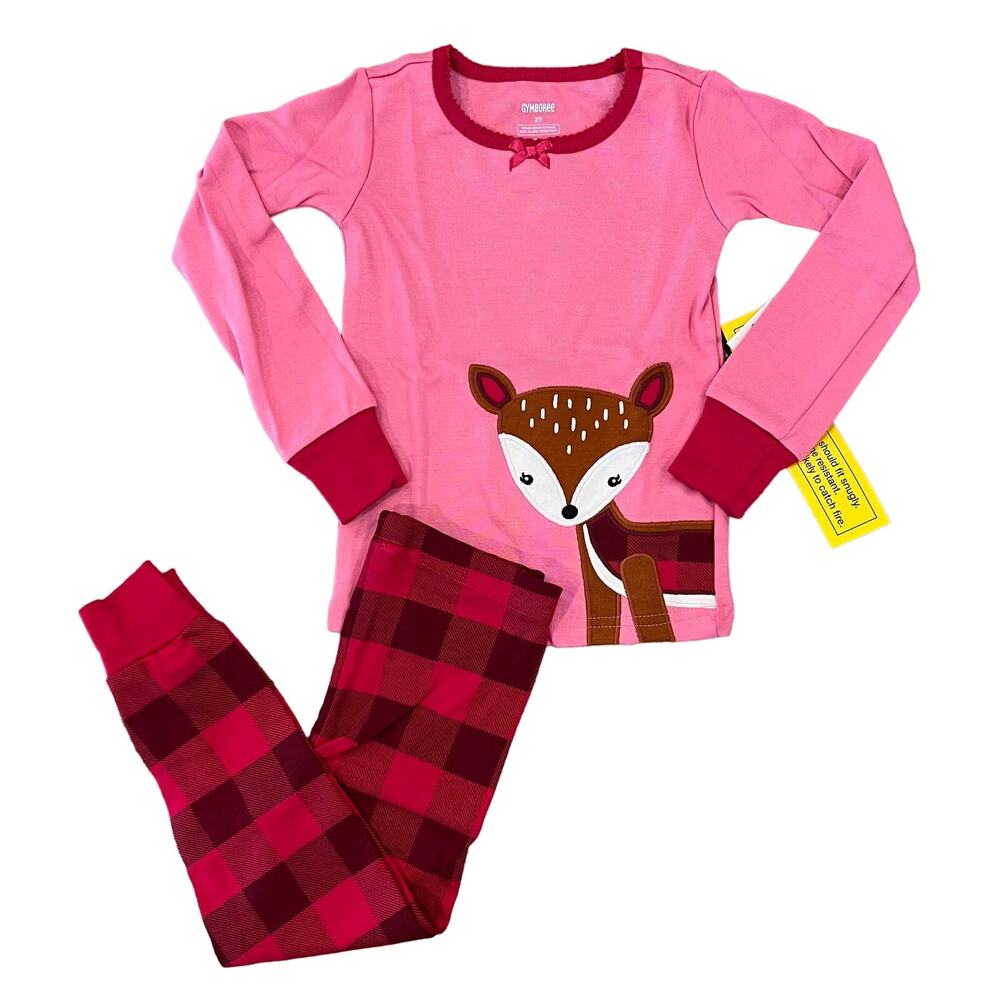 NWT Gymboree Girls Pink & Plaid W/ Embroidered Deer Cotton Pajamas -